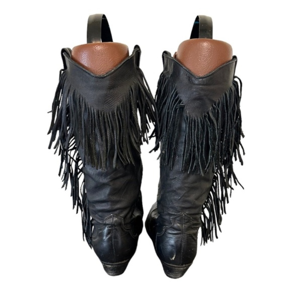 90s Vintage Leather Dingo Boots with Fringe - Black - Western Grunge